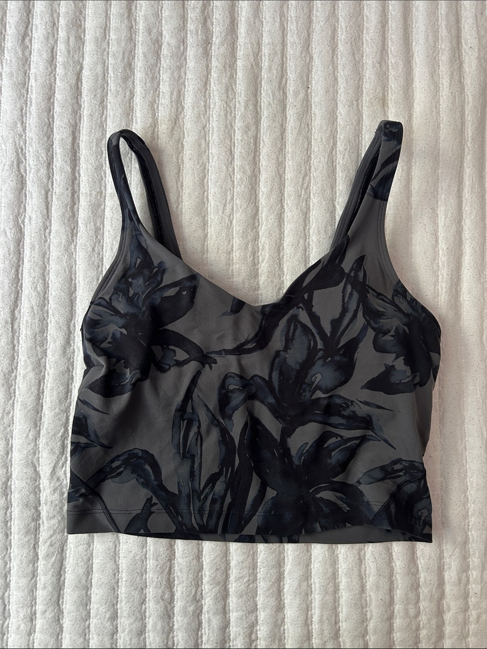 lululemon athletica Black and Charcoal Floral Crop Tank with Built In Bra